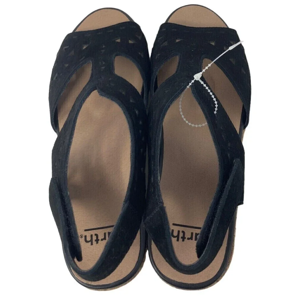 NEW Earth Buran Rosa Women's Size 10 Black Suede Leather Wedge Sandals  Shoes